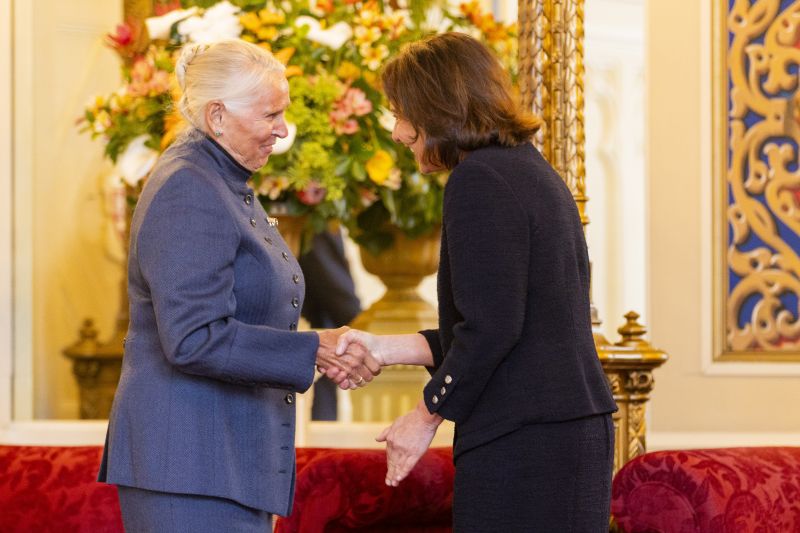 The Governor shakes the hand of a woman
