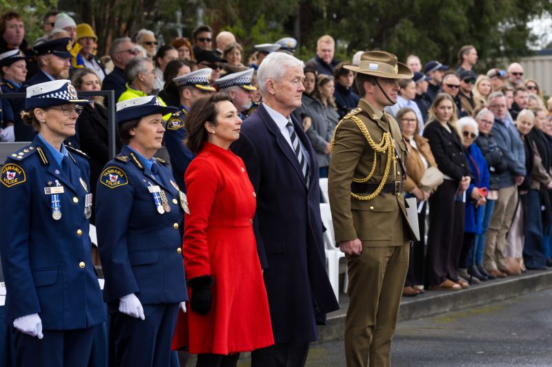 The Governor and Dr Walters stand with senior Tasmania Police officers at the Graduation Ceremony for Training Course 1/2026