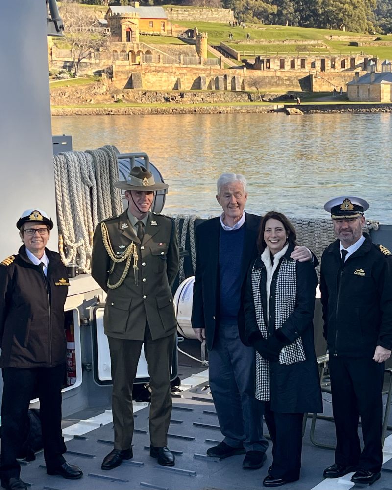 The Governor and Dr Walters prepare to transfer to HMAS Canberra at Port Arthur