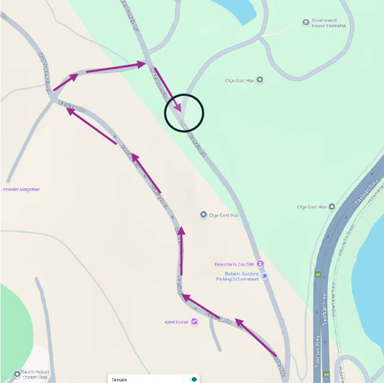 A map showing an alternate access route to Government House via Carriage Drive.
