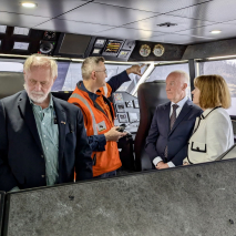 Her Excellency and Professor Chalmers in the wheelhouse of Incat Hull 096