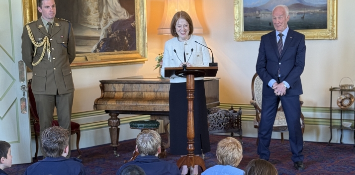 Her Excellency speaking to students in the Drawing Room