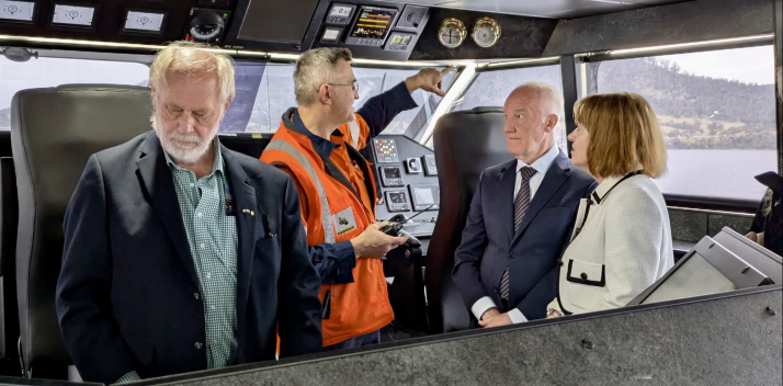 Her Excellency and Professor Chalmers in the wheelhouse of Incat Hull 096