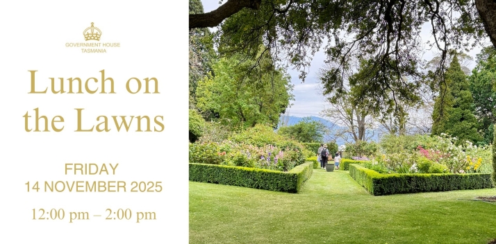 A photo of the Government House gardens with text that reads 'Lunch on the Lawns'