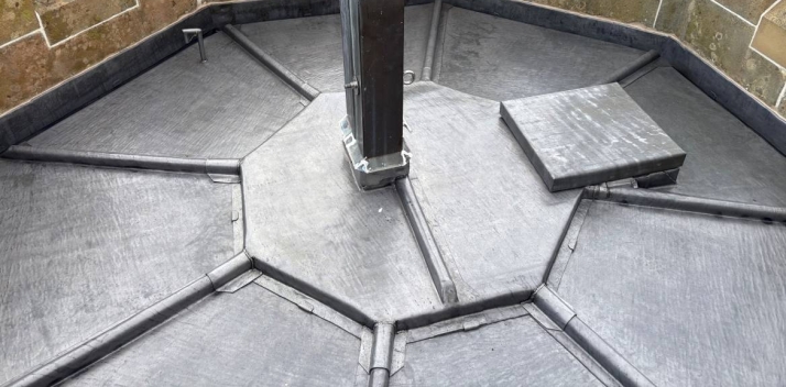The completed lead roof on the Police Tower