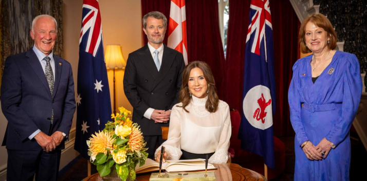 Her Excellency, Professor Chalmers and Their Majesties during the Guest Book signing.