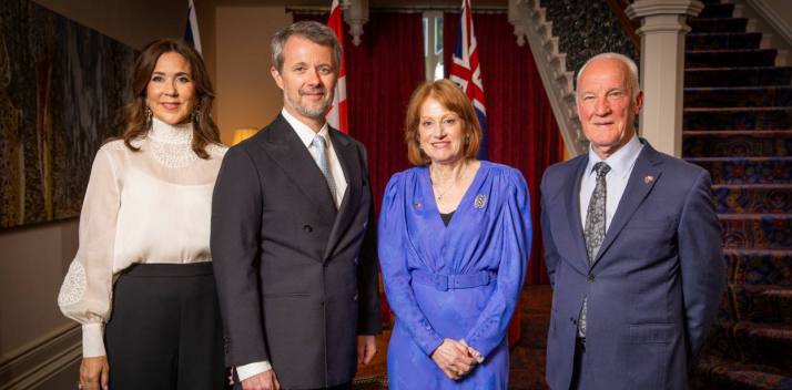Her Excellency, Professor Chalmers and Their Majesties in the Main Hall at Government House